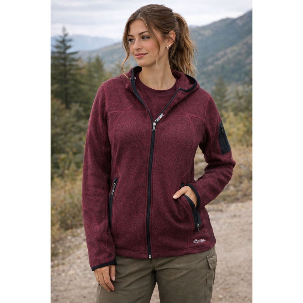Sherpa Adventure Gear XL Burgundy Hoodie Knit Full Zip Nepal Outdoors Hiking